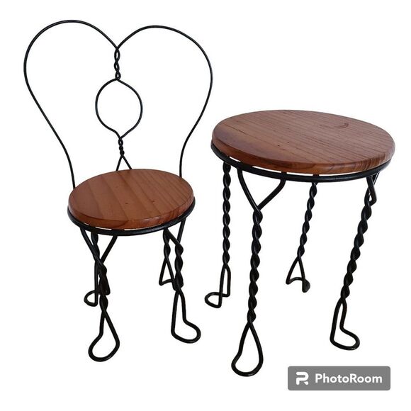 VTG Doll Furniture Wood & Twisted Metal Ice Cream Parlor Bistro Chair and Table - Picture 1 of 16